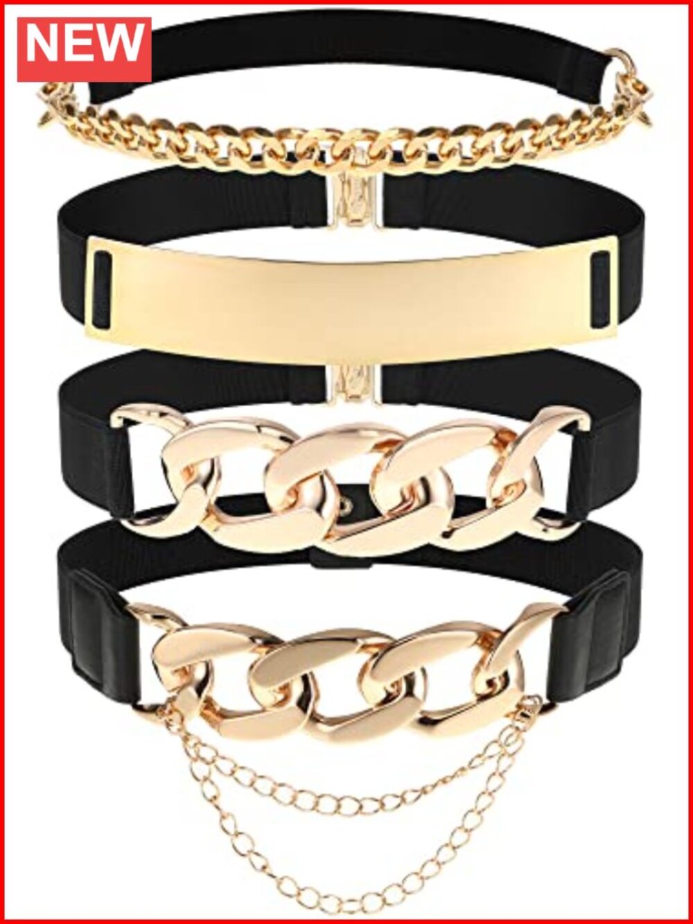 Women's Stretch Waist Belt Set Gold Metal Buckle Elastic Chain Dress Belts